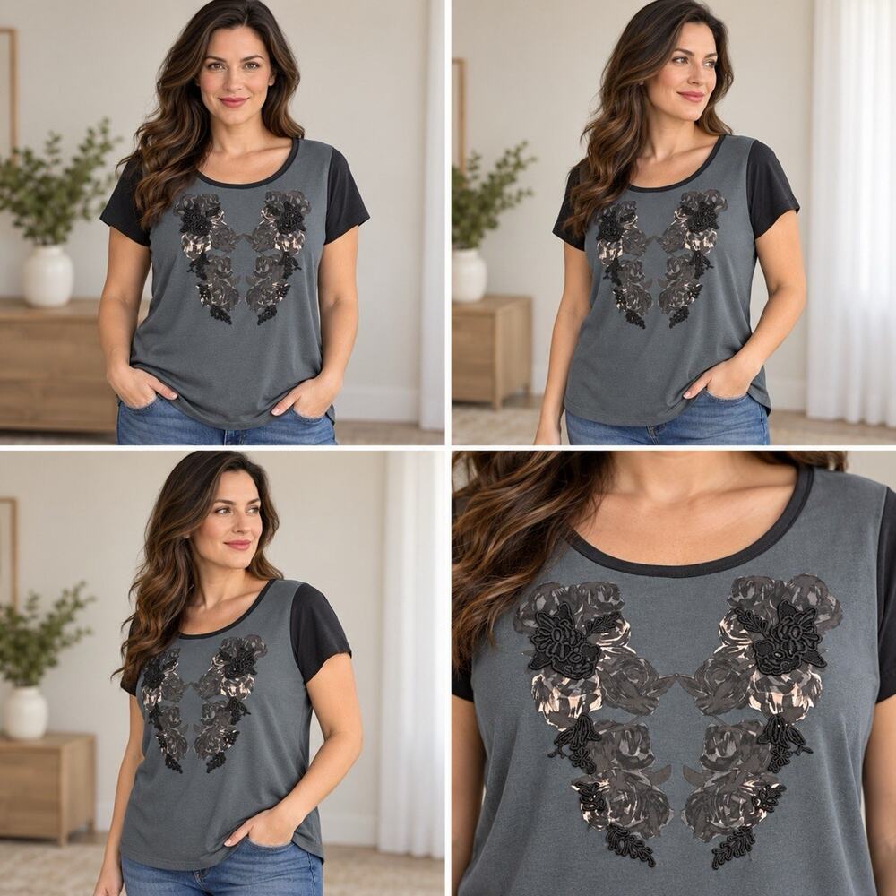 Simply Vera Vera Wang Top Womens Gray Black Floral Sequin Short Sleeve Size XL